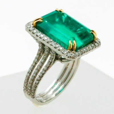 Platinum Halo Ring with 8.87ct Green Emerald with Diamond Accents – 18K Yellow Gold Accents