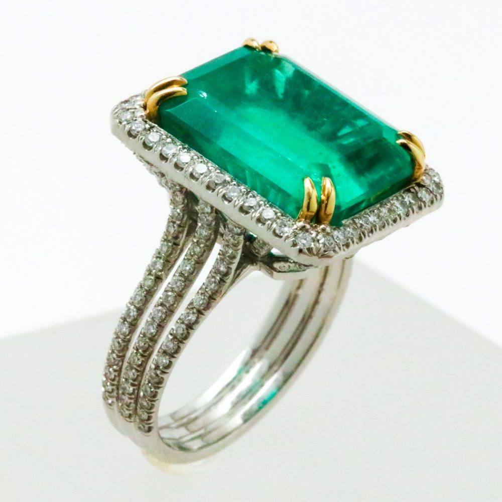 Platinum Halo Ring with 8.87ct Green Emerald with Diamond Accents – 18K Yellow Gold Accents