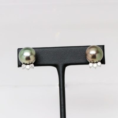 13.3mm Tahitian Pearl Stud Earrings with 0.70ctw round diamonds