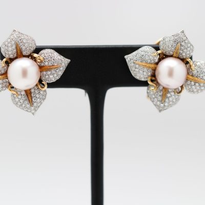 Platinum and 18K Yellow gold South Sea Pearl Flower Earrings