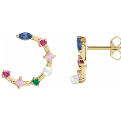 14K Yellow Gold Emerald & Pearl Swirl Stud Earrings